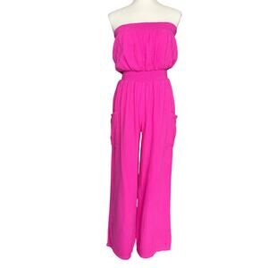 Forever 21 Hot Pink Strapless Gauze Wide Leg Cargo Jumpsuit Pockets Medium